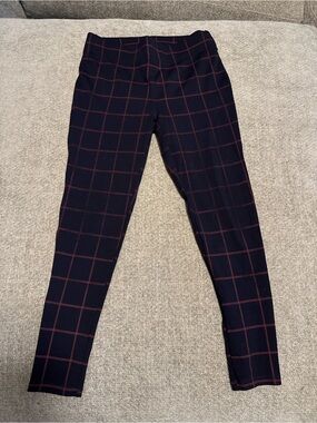 LOFT Navy Burgundy Windowpane Ponte Leggings Pants Medium